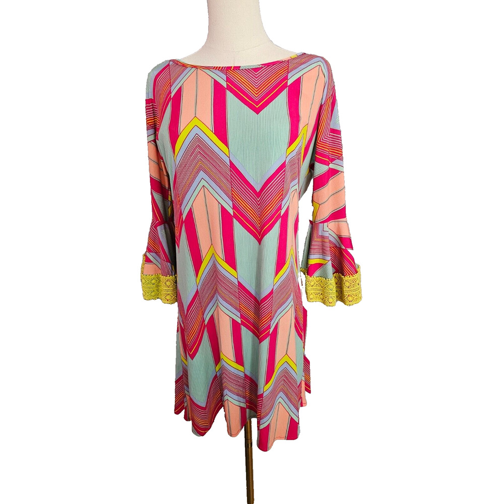Judith March Womens Dress Large Aqua Lime Red 60s Retro Twiggy Wide Sleeve